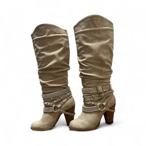 Not Rated Knee High Cowboy Boots Rhinestone Studs Straps Heels Rare Vintage 7